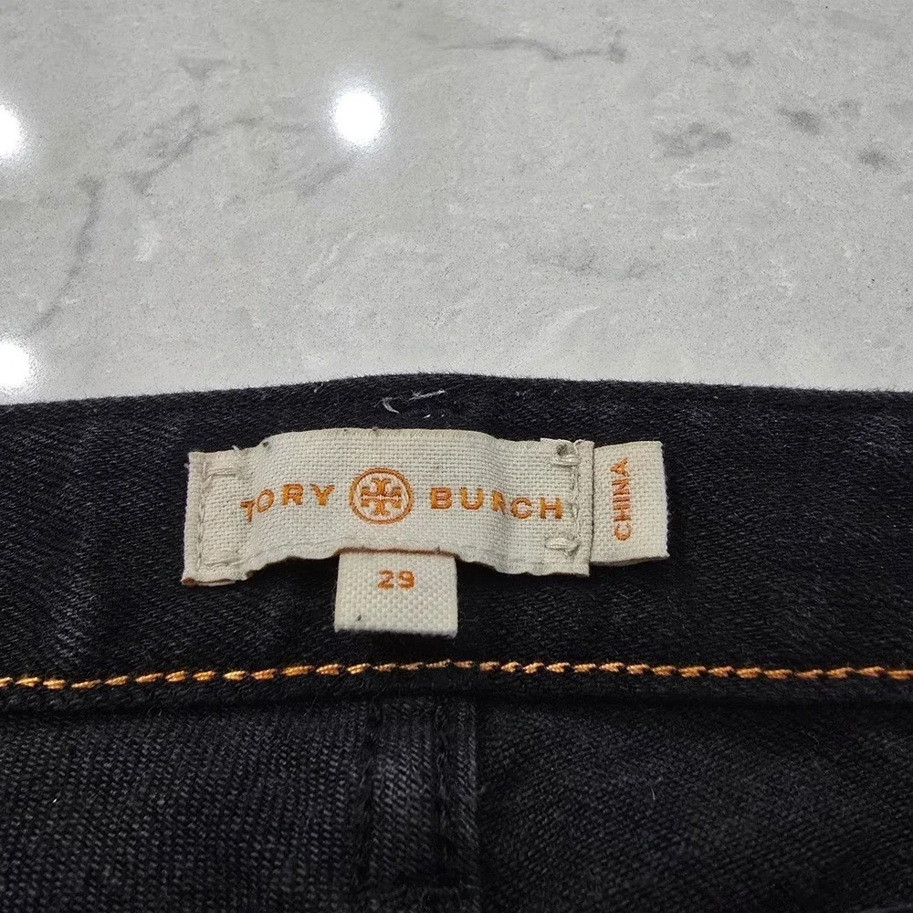Tory Burch Super Skinny Jeans Black Denim Logo Hardware Womens Size 29